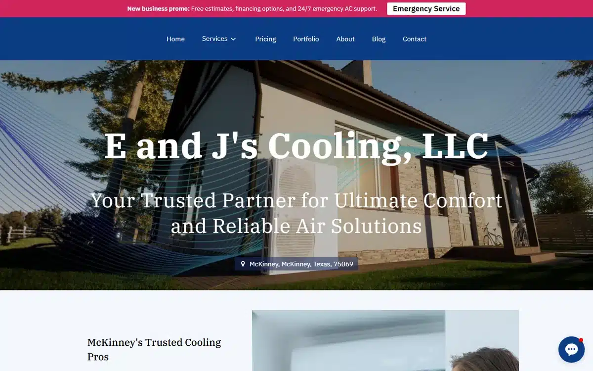 E and J's Cooling HVAC website design homepage