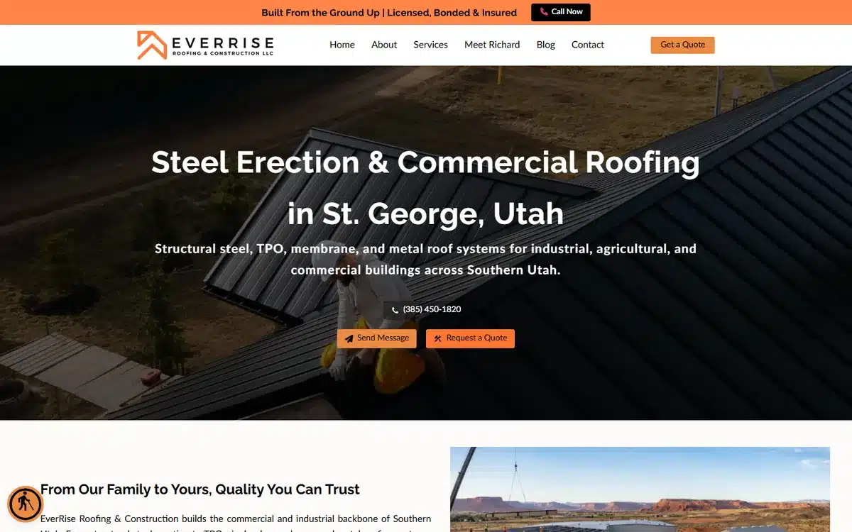 Everrise Roofing and Construction website design homepage