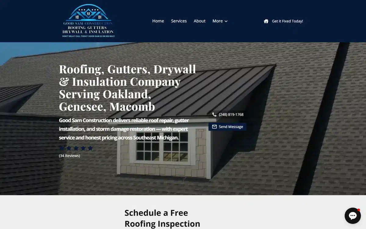 Good Sam Construction roofing website design homepage