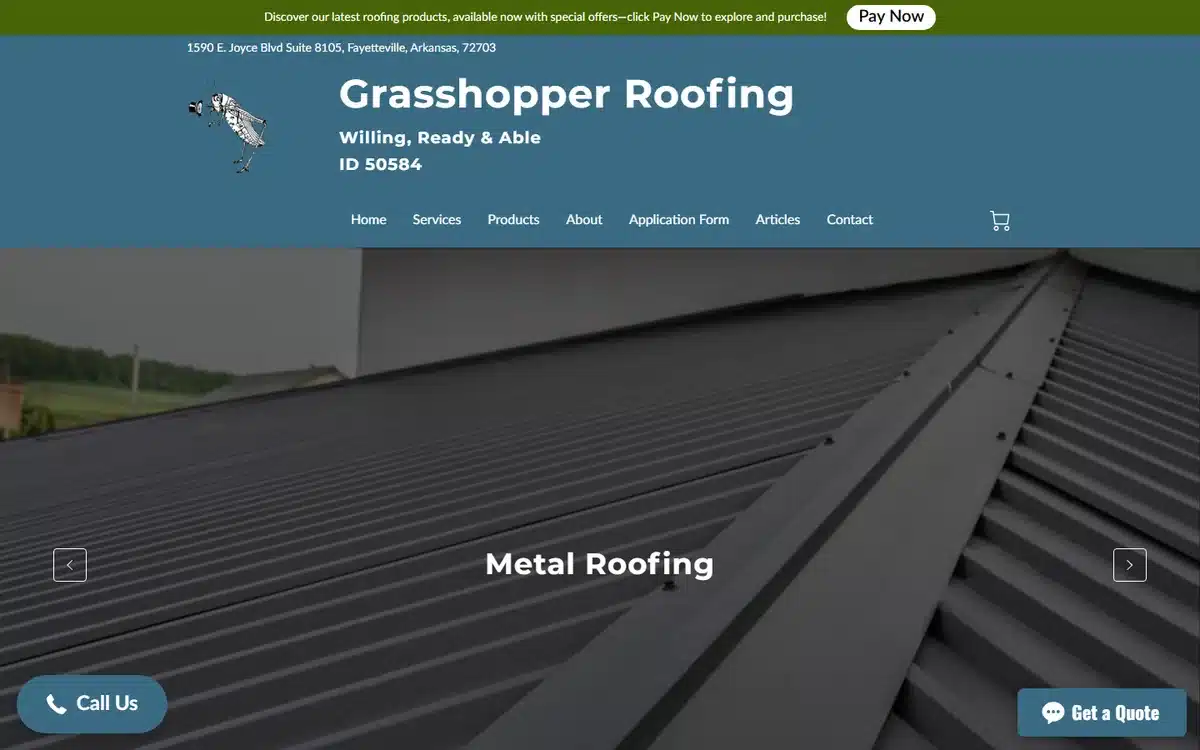 Grasshopper Roofing metal roofing website design homepage