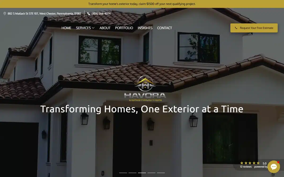 Havora Construction roofing website design homepage