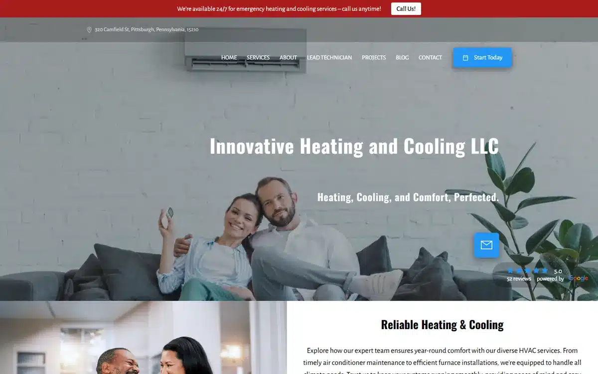 Innovative Heating and Cooling website design homepage