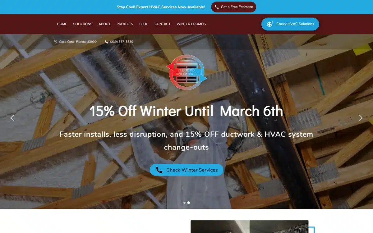 J and JJ AC and Refrigeration website design homepage