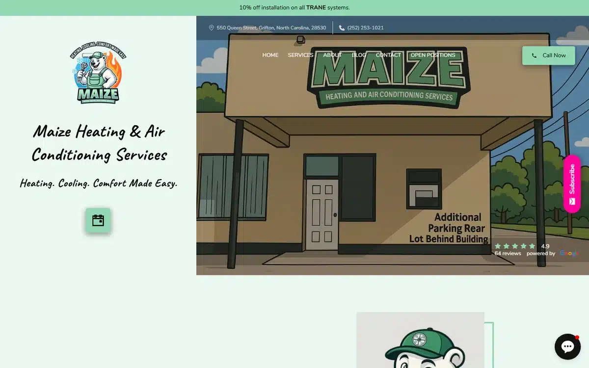 Maize Heating and Air Conditioning website design homepage