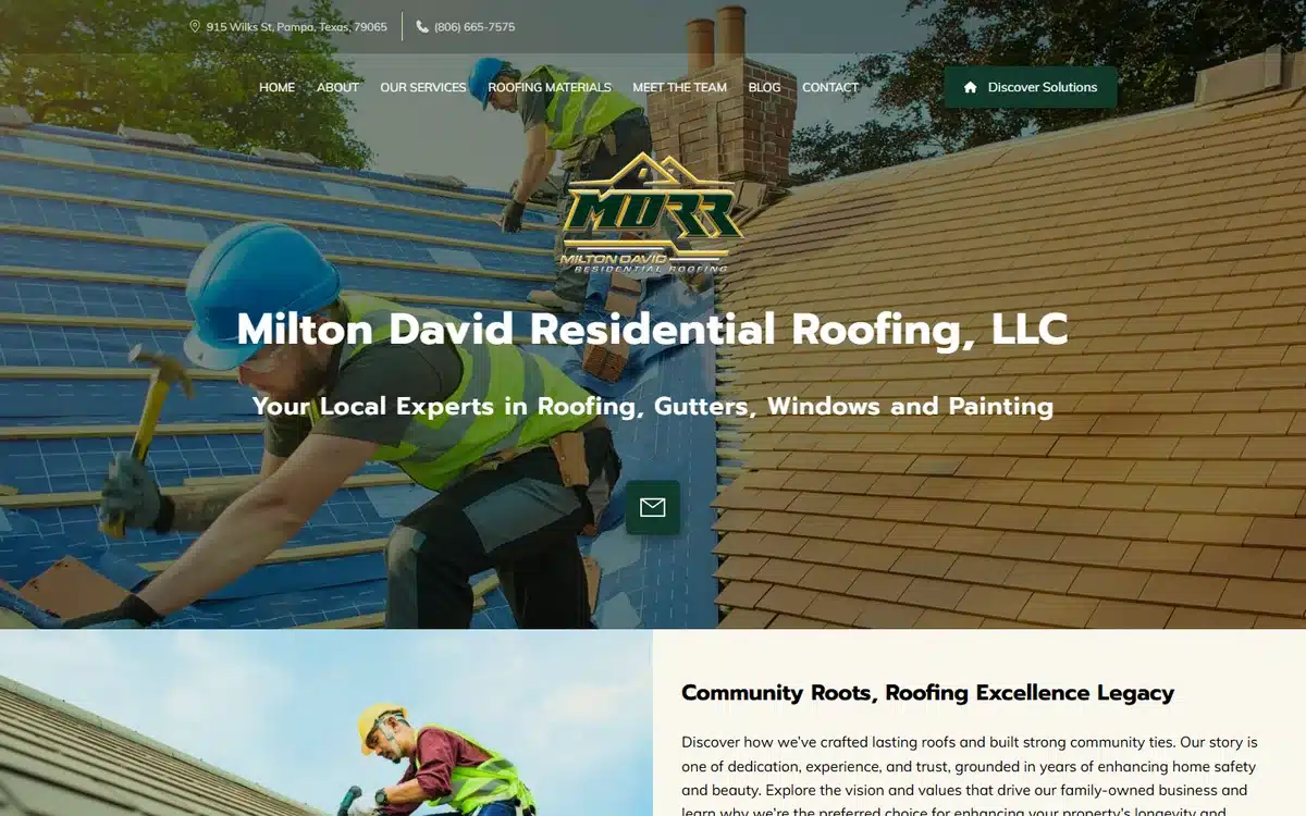 Milton David Residential Roofing website design homepage