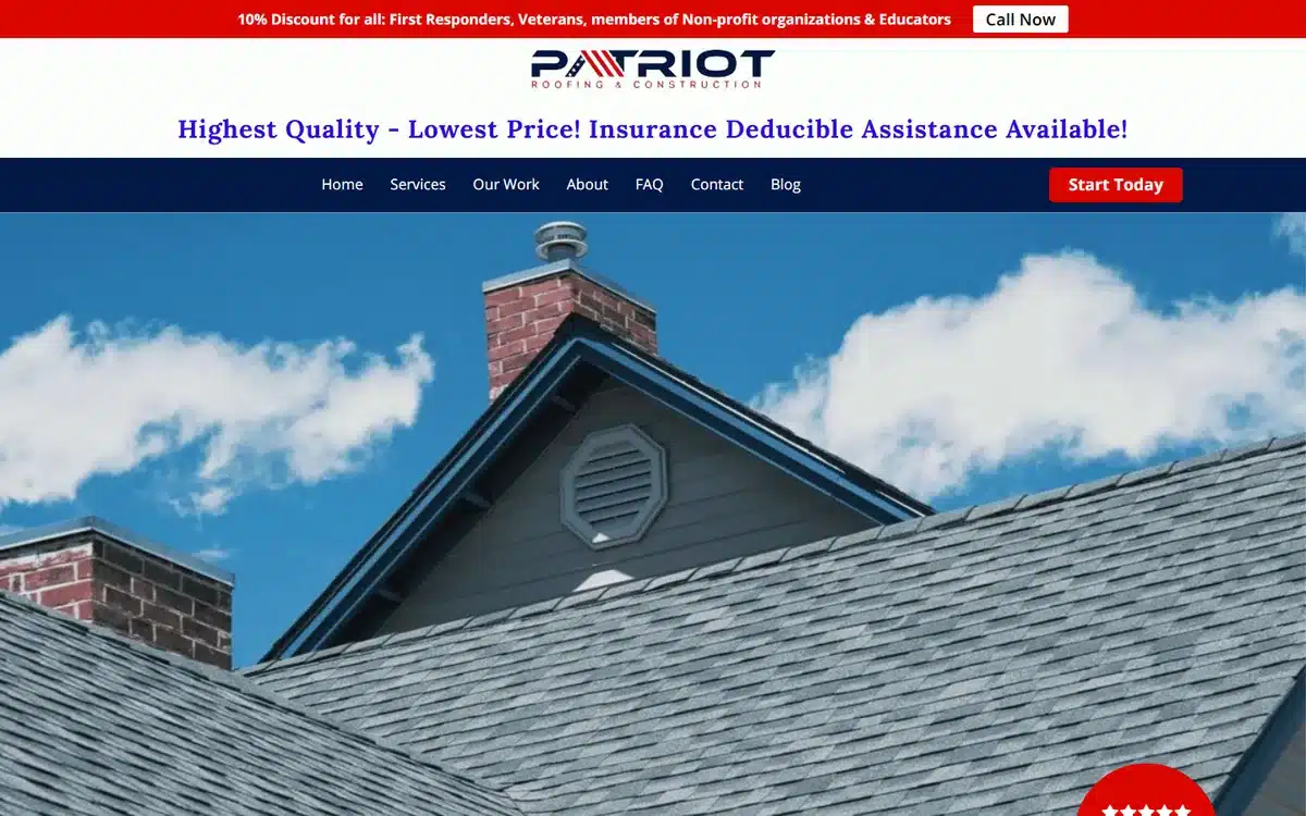 Patriot Roofing and Construction website design homepage