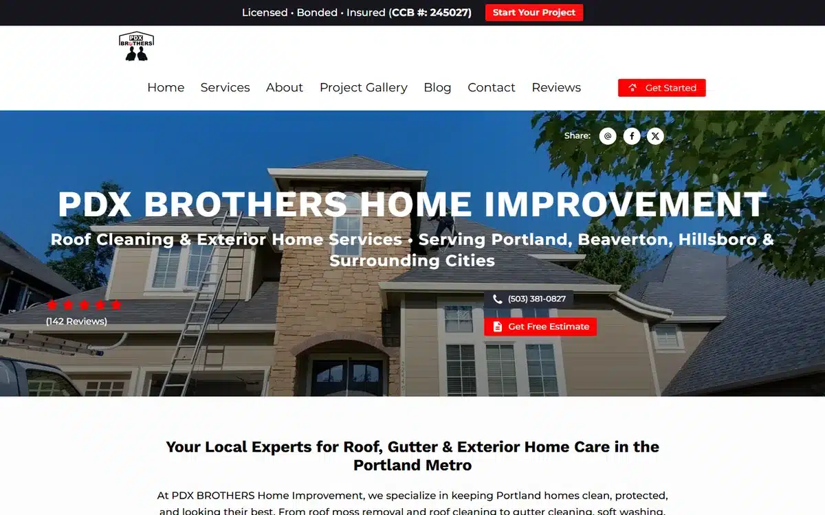 PDX Brothers Roof Cleaning website design homepage