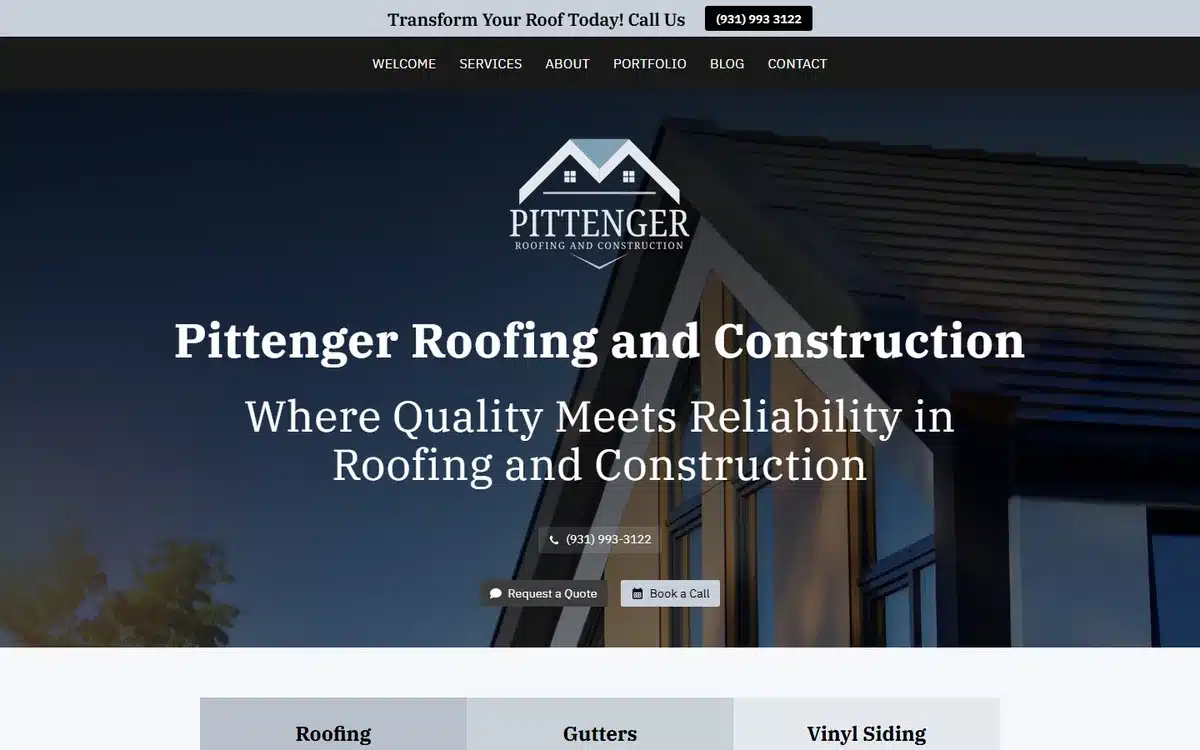 Pittenger Roofing and Construction roofing website design homepage