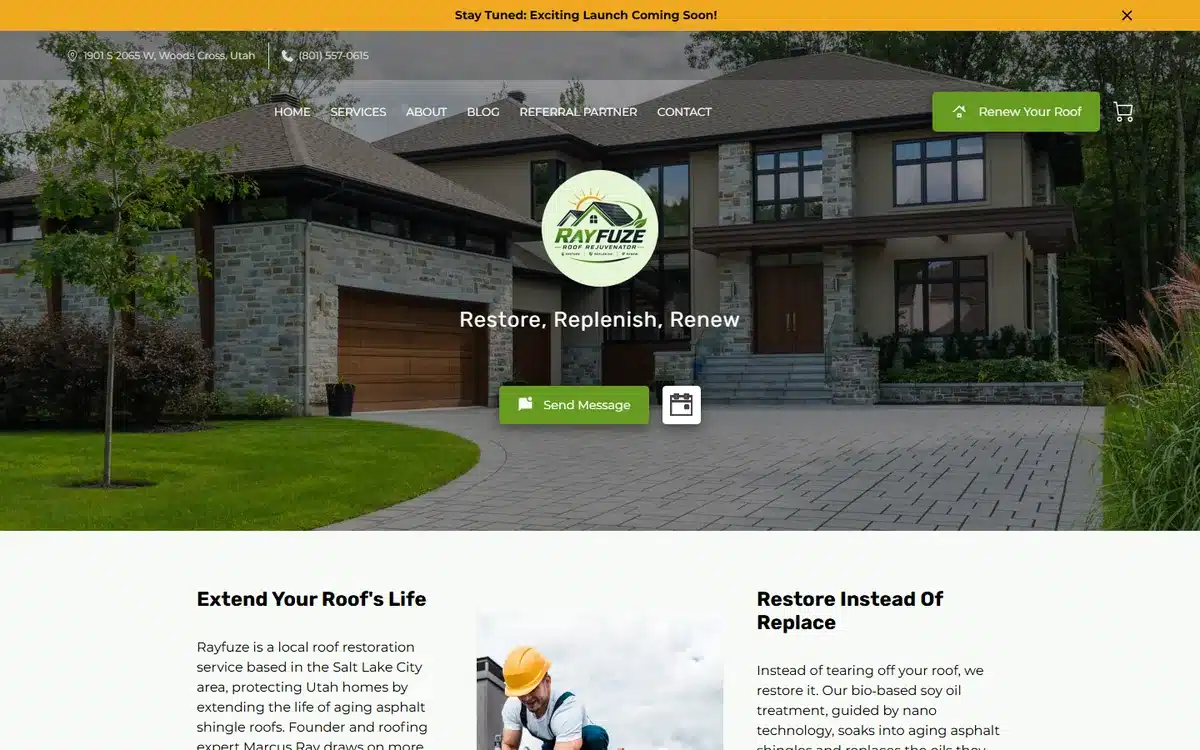 Rayfuze roof restoration website design homepage