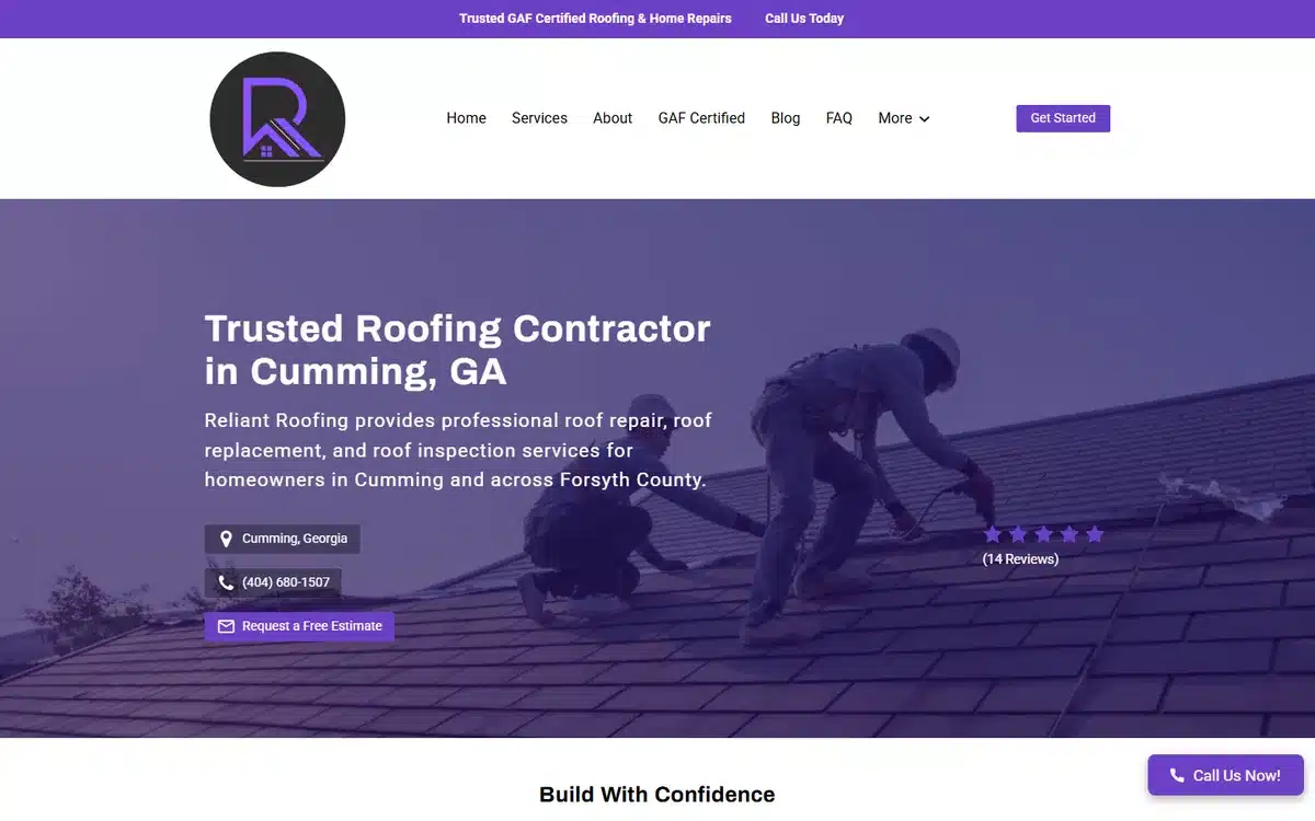 Reliant Roofing website design homepage