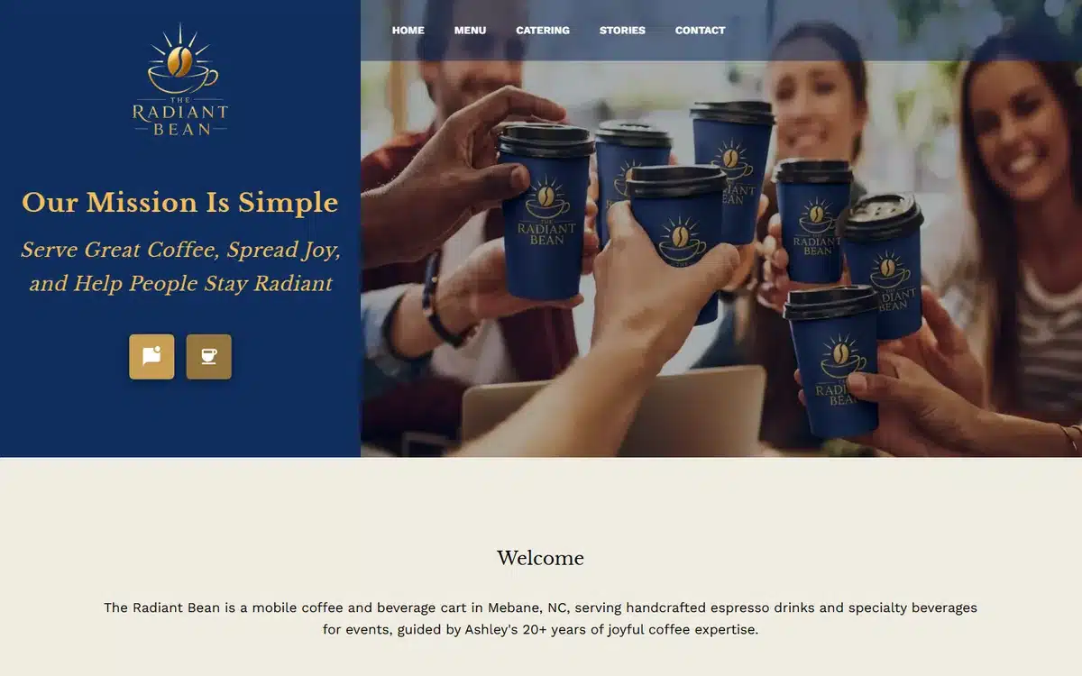 The Radiant Bean mobile coffee cart website design homepage