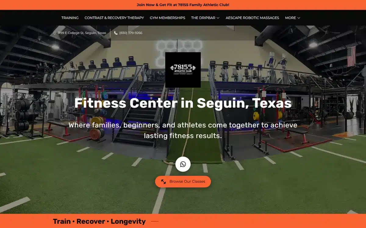 78155 Family Athletic Club website homepage with navigation naming gym memberships, recovery therapy, drip bar and robotic massage
