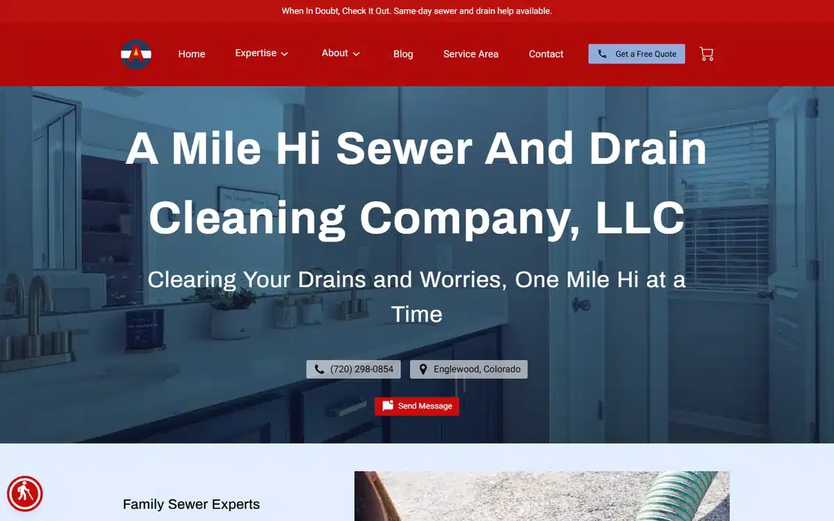 A Mile Hi Sewer and Drain Cleaning Company plumbing website homepage with phone and city shown as tappable pills