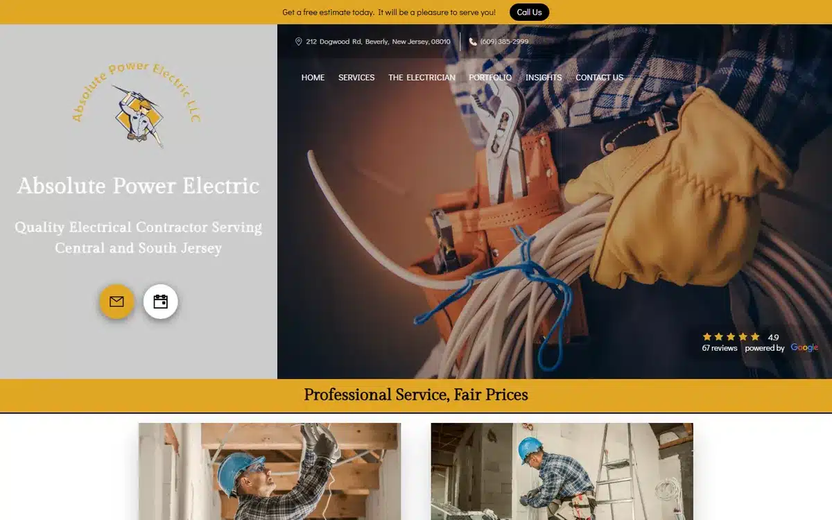 Absolute Power Electric website homepage with a full-width yellow strap line reading Professional Service, Fair Prices
