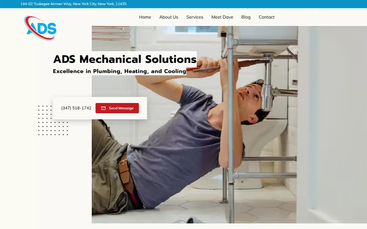 Ads Mechanical Solutions website homepage with full street address in the top bar and a Meet Dave link in the navigation