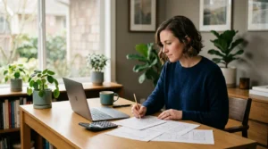 Small business owner reviewing printed website layout sketches beside a laptop and calculator