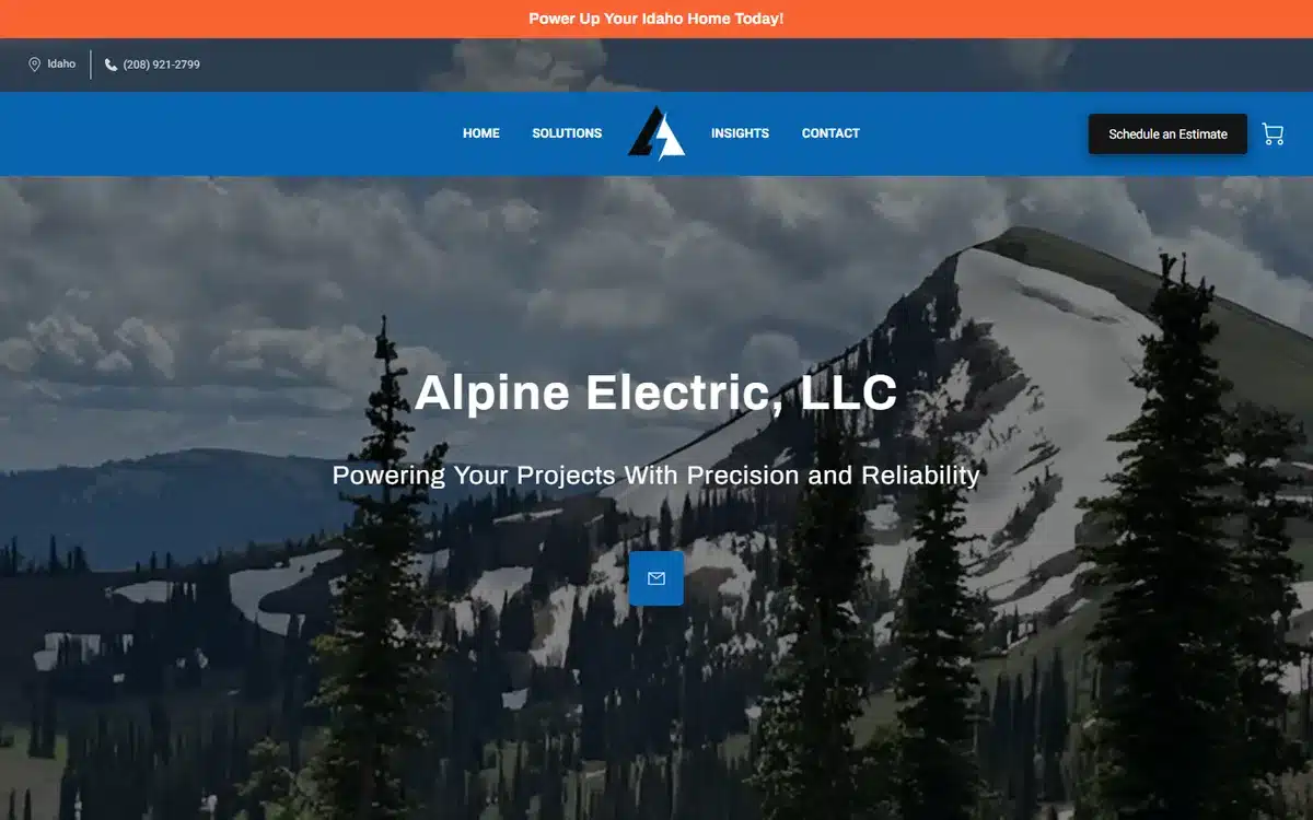 Alpine Electric website homepage with an orange promo strip naming the state pinned above the navigation
