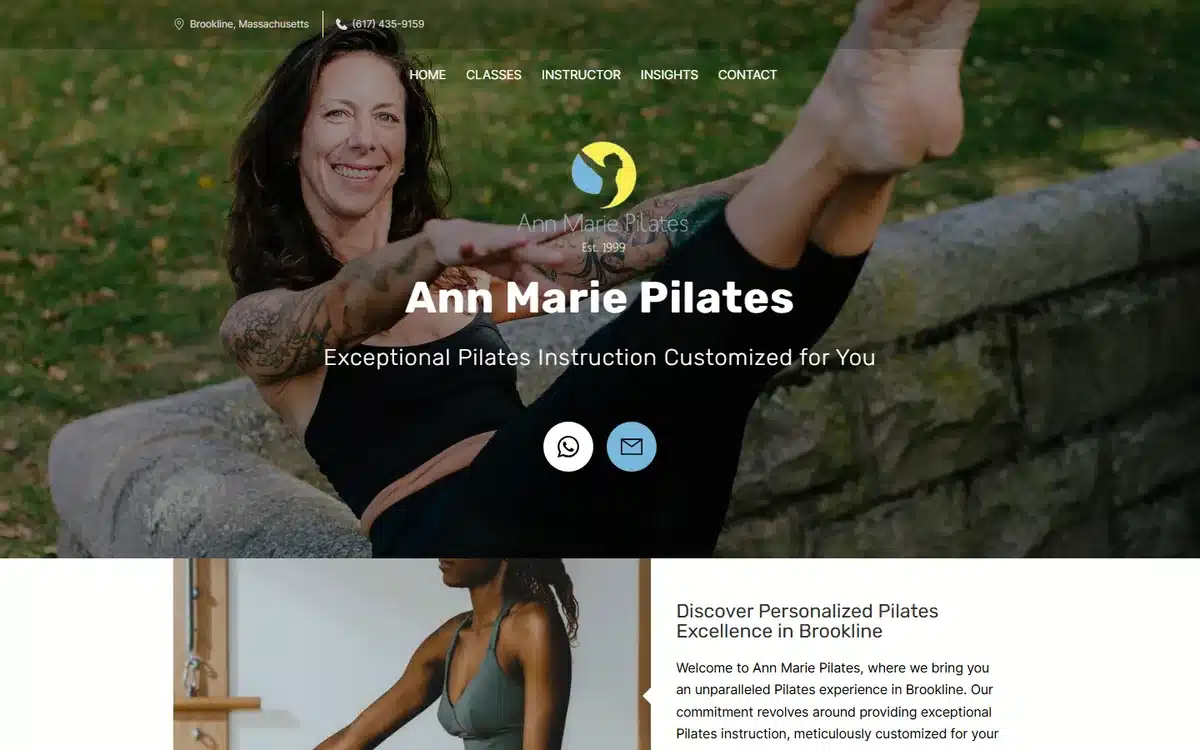 Ann Marie Pilates website homepage with an Est. 1999 line in the logo showing decades of experience above the fold