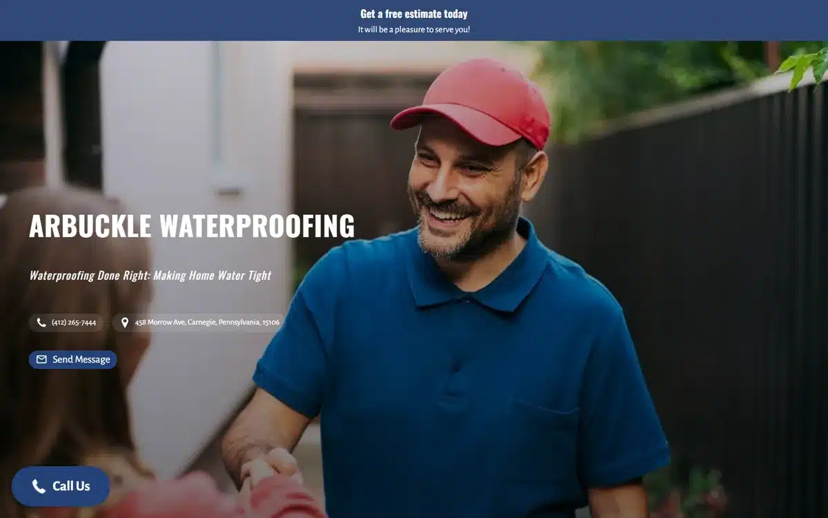 Arbuckle Waterproofing website homepage with phone number and street address as pill buttons under the tagline