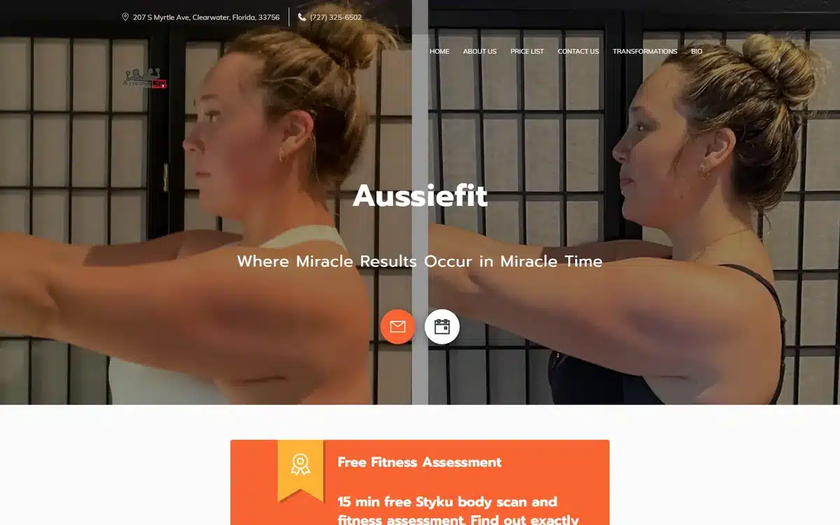 Aussiefit website homepage with a real before-and-after client comparison split down the middle of the hero