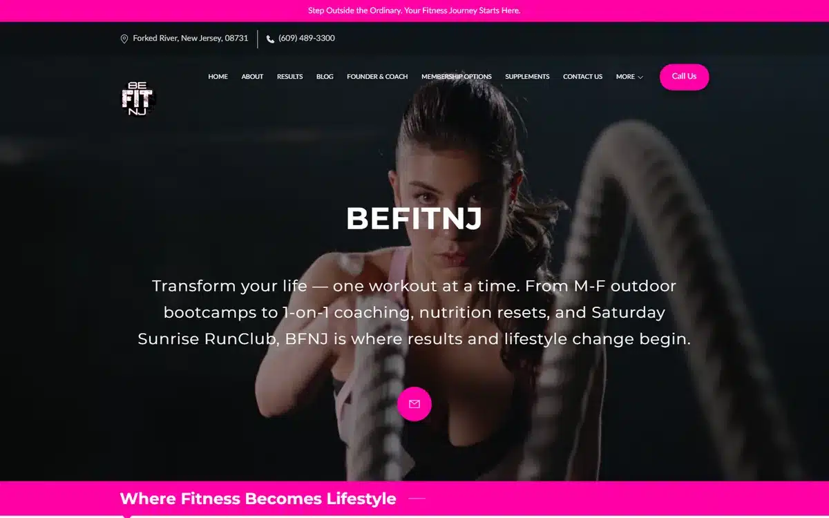 BEFITNJ website homepage with hero copy naming weekday bootcamps, one-on-one training and Saturday RunClub