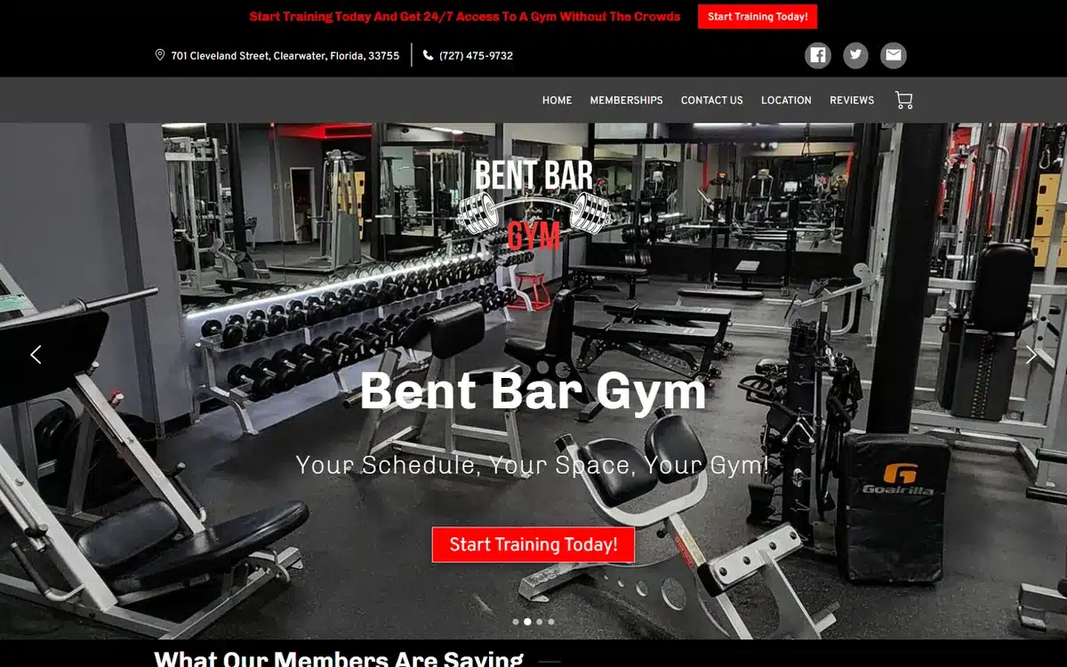 Bent Bar Gym website homepage with a promo bar selling 24/7 access without the crowds and a Start Training button