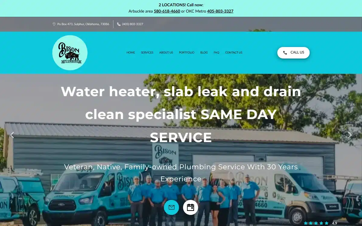 Bison Plumbing website homepage with the whole crew photographed in front of two branded vans