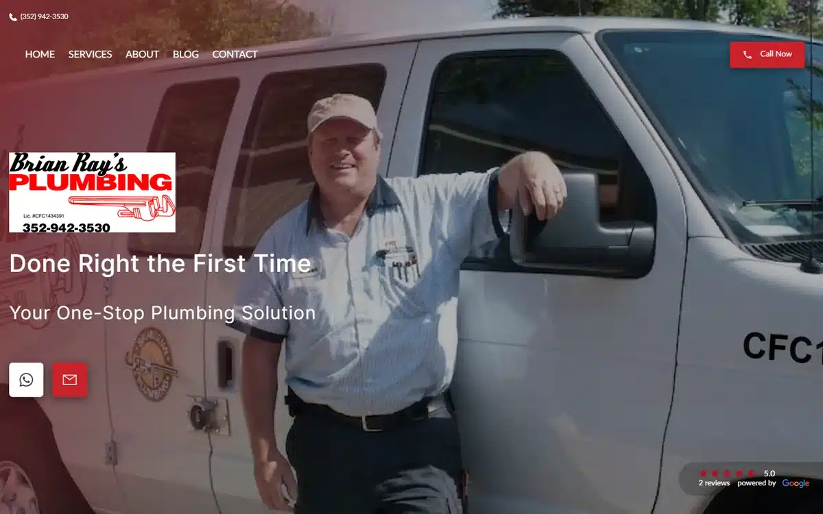 Brian Ray's Plumbing website homepage with licence number and phone printed under the business name