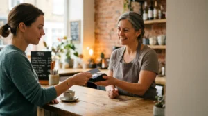 Customer tapping a bank card on a contactless card reader held by a cafe owner