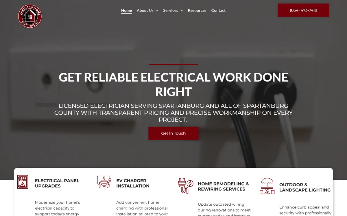 Carolina Home Electrical website homepage with four icon service tiles in a card overlapping the hero