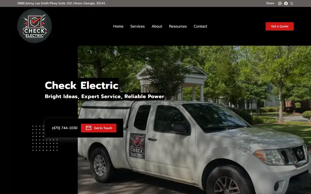 Check Electric website homepage with their own logo-wrapped pickup parked on a customer street