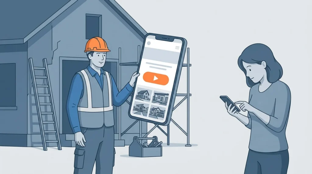 A contractor showing a mobile website with finished project photos and a tappable call button
