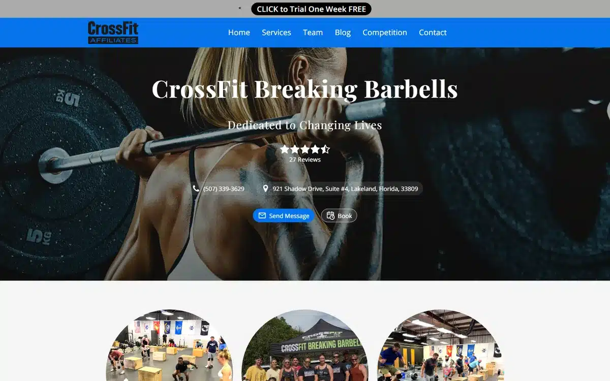 CrossFit Breaking Barbells website homepage with a free one-week trial bar plus rating, phone and address in the hero