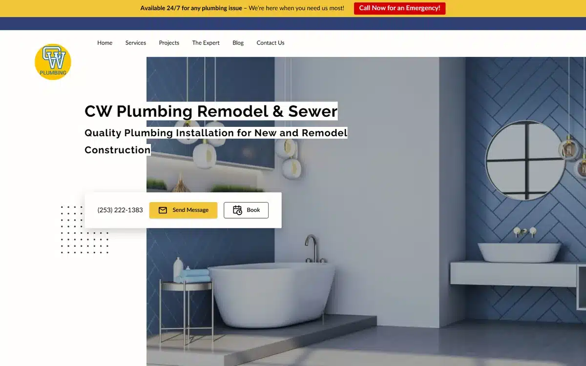 CW Plumbing Remodel and Sewer website homepage with the phone number inside the call to action card