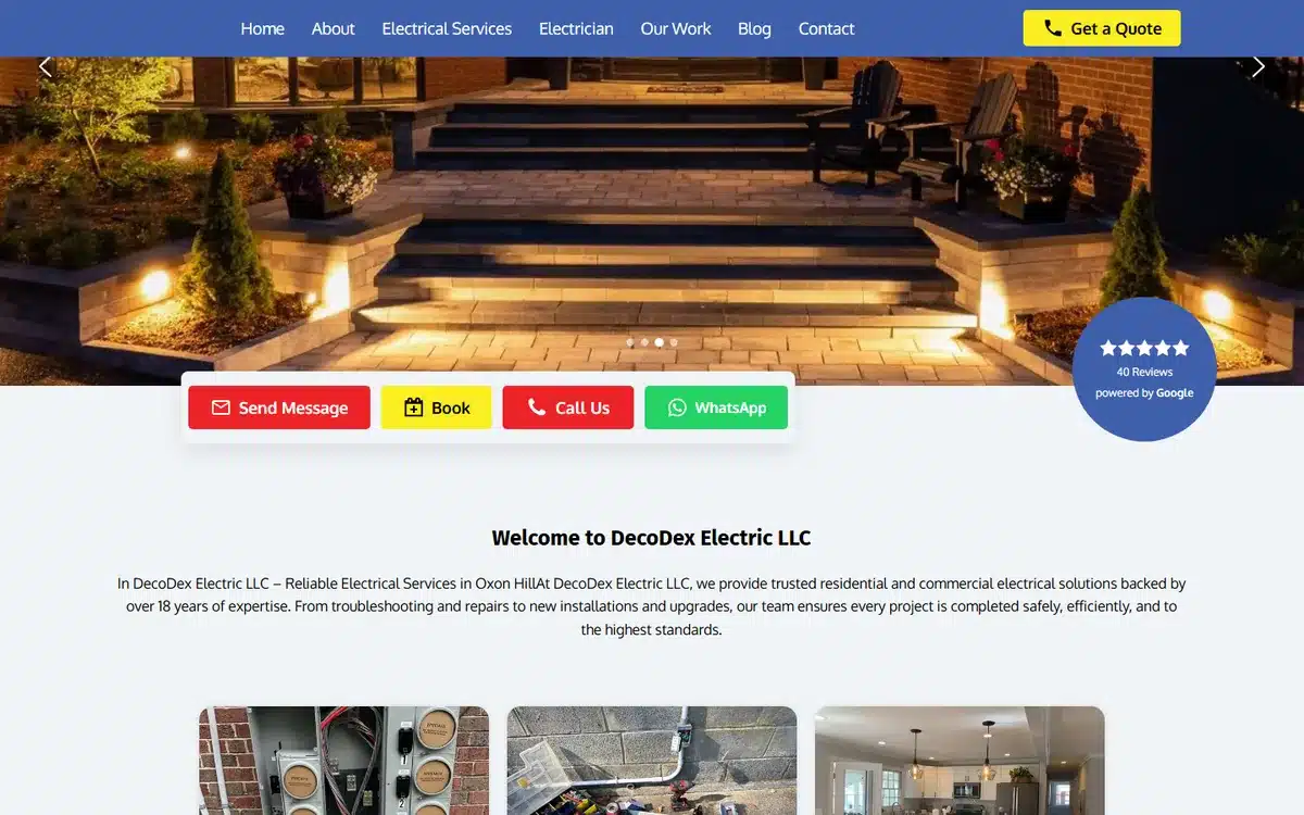 DecoDex Electric website homepage with four colour-coded contact buttons including WhatsApp and a Google review badge