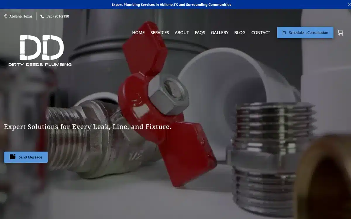 Dirty Deeds Plumbing website homepage with city and phone in a thin utility strip above the main navigation