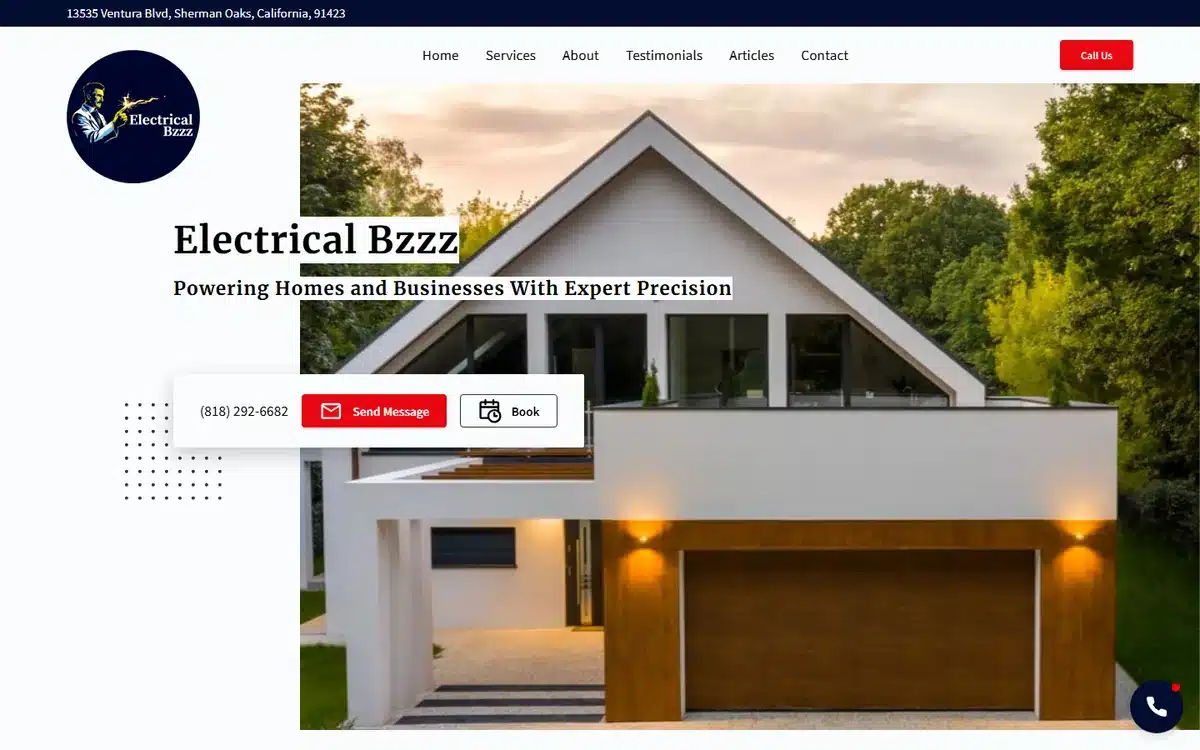 Electrical Bzzz website homepage with a hero card pairing Send Message and a calendar Book button beside the phone number