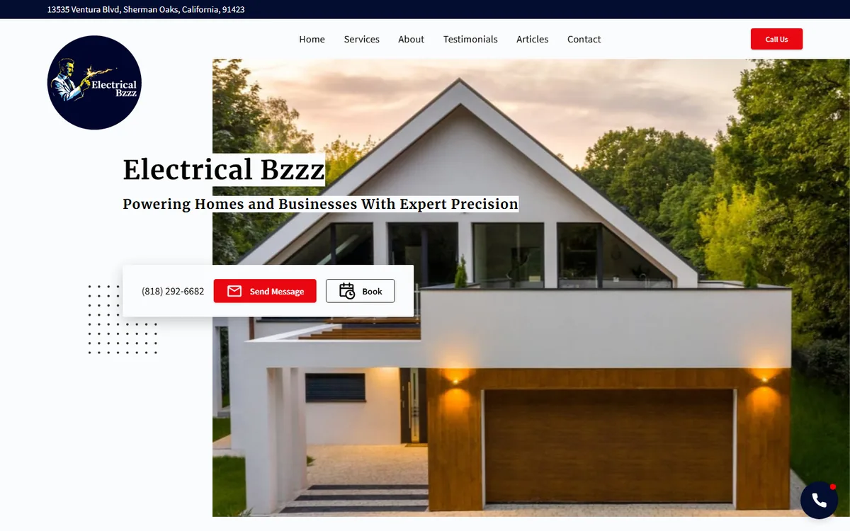 Electrical Bzzz website homepage with a hero card pairing Send Message and a calendar Book button beside the phone number