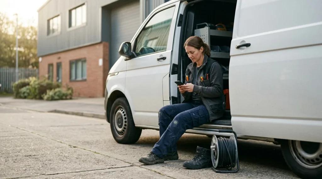 Electrician sitting on the open side step of a utility van checking a phone beside a coil of cable