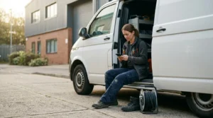 Electrician sitting on the open side step of a utility van checking a phone beside a coil of cable