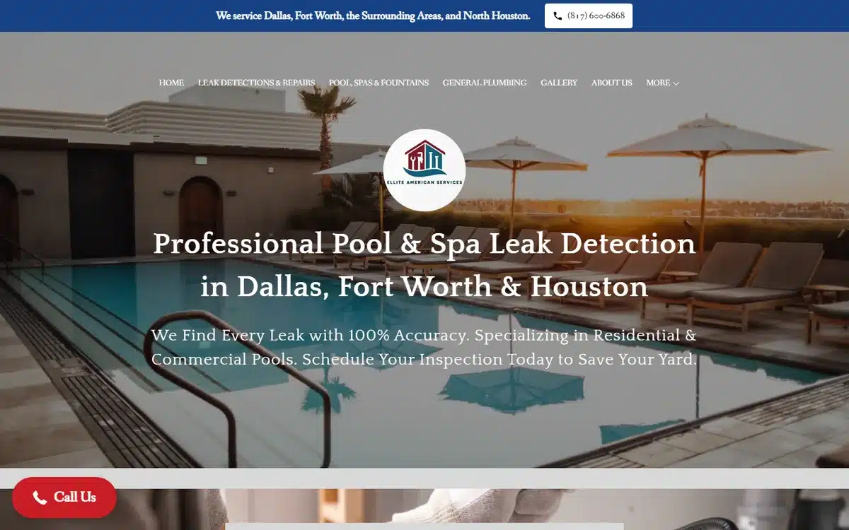 Ellite American Services plumbing website homepage with three city names written into the main headline