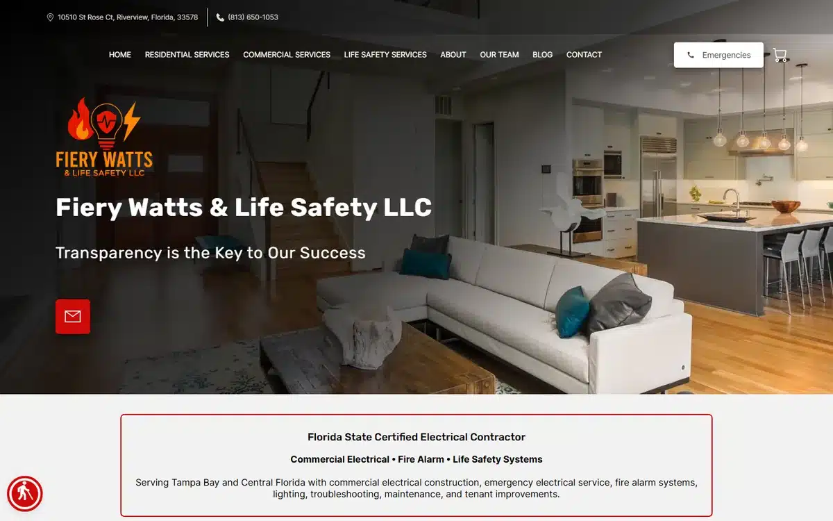 Fiery Watts and Life Safety website homepage with a red-bordered box stating Florida State Certified Electrical Contractor