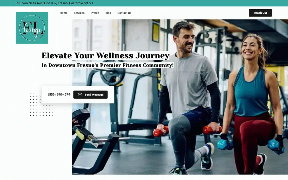 The Fitness Lounge website homepage with phone number and message button paired in one white card over the photo