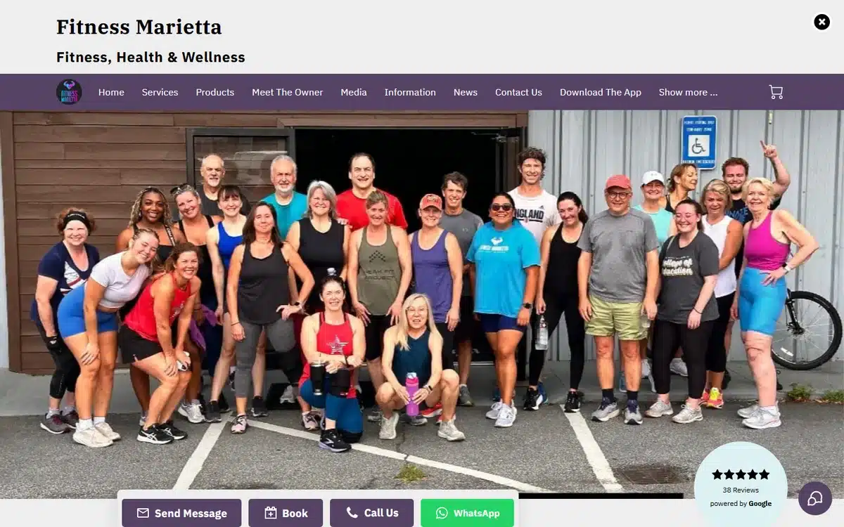 Fitness Marietta website homepage with a row of four contact buttons including WhatsApp next to a 38-review Google badge