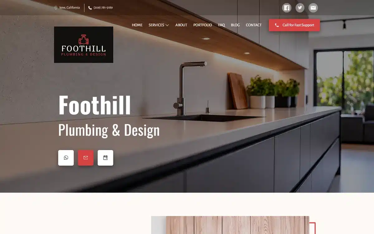 Foothill Plumbing and Design website homepage with a red call button anchored at the end of the navigation