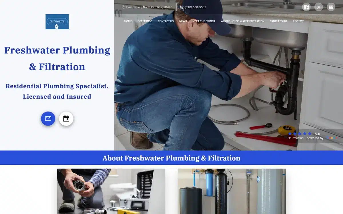Freshwater Plumbing and Filtration website homepage with navigation naming specific water treatment products