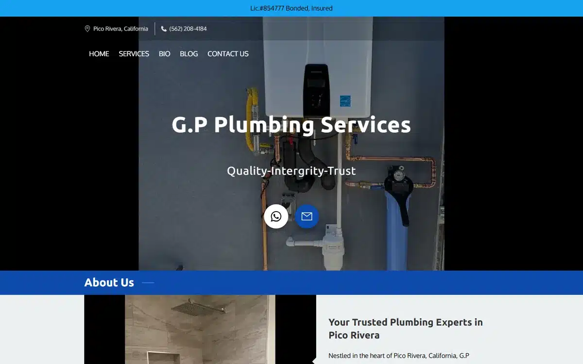 G.P Plumbing Services website homepage with a top bar stating licence number plus bonded and insured