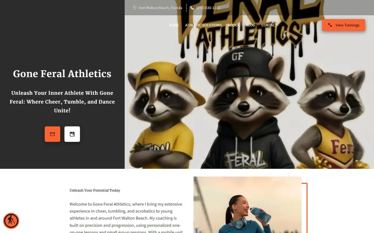 Gone Feral Athletics website homepage with a split hero pairing custom mascot artwork with city and phone in the top bar