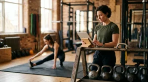 Personal trainer in an independent gym checking a tablet beside a rack of kettlebells