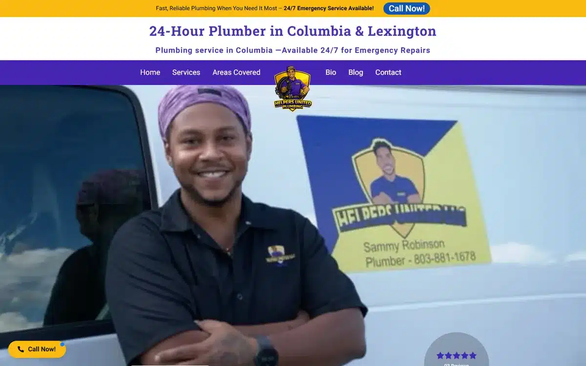 Helpers United plumbing website homepage showing the owner photographed beside his van